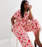 New Look Curves Red Floral Wrap Crop Jumpsuit
